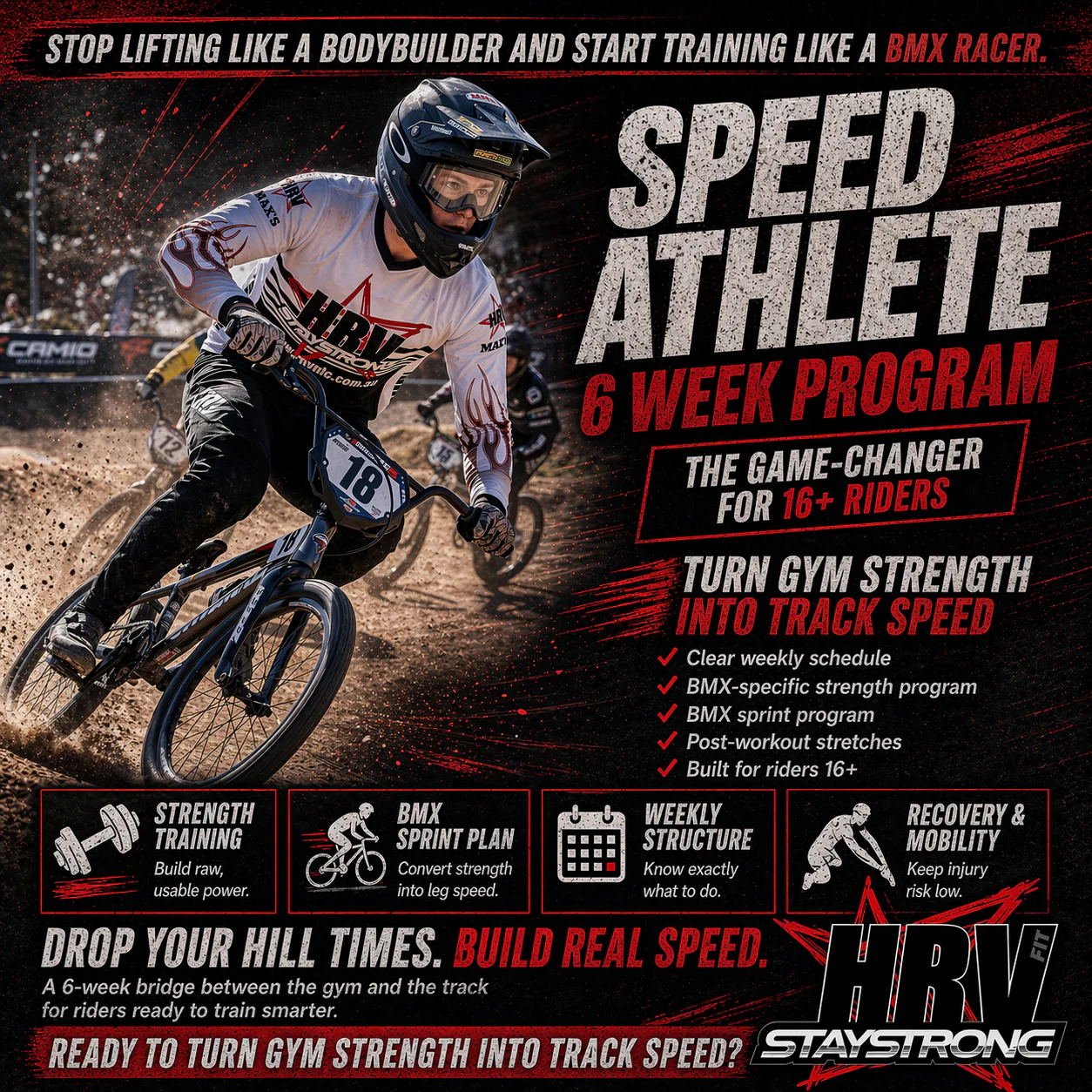 HRVfit Speed Athlete 16+ BMX training program — power and sprint training for competitive BMX riders
